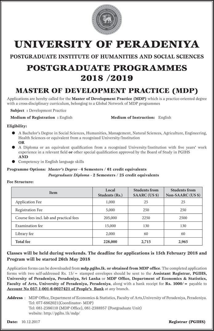 Postgraduate Programmes, Master of Development Practice (MDP) - Postgraduate Institute of Humanities & Social Sciences - University of Peradeniya